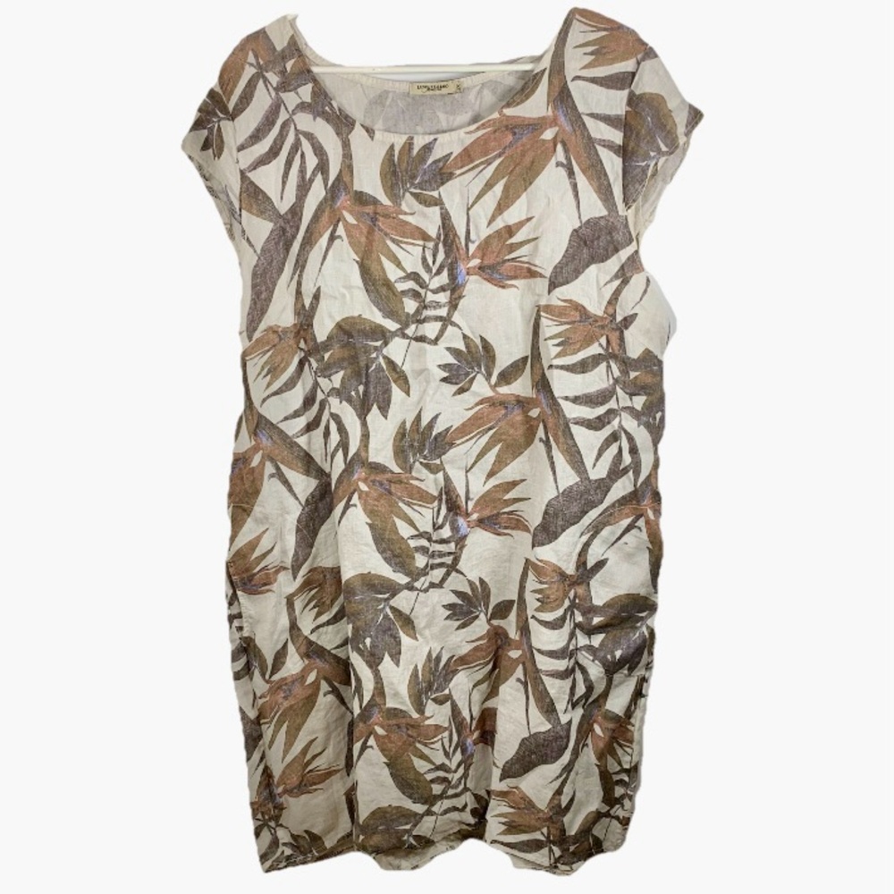 Lungo L'arno Linen Dress Sz 2XL Beige Floral Italy‎ Cotton Side Panel Lagenlook